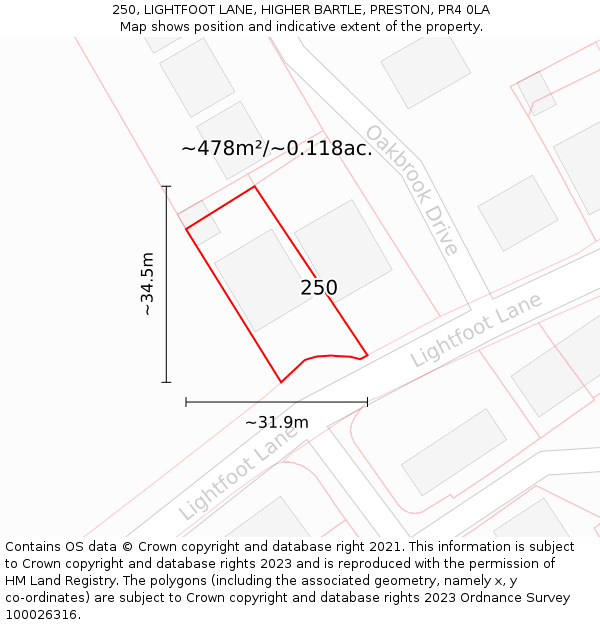 250, LIGHTFOOT LANE, HIGHER BARTLE, PRESTON, PR4 0LA: Plot and title map