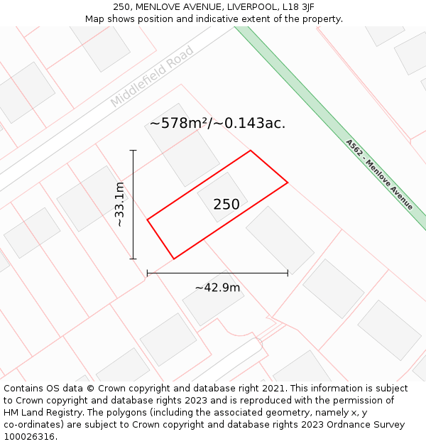 250, MENLOVE AVENUE, LIVERPOOL, L18 3JF: Plot and title map