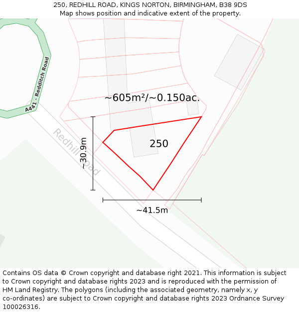 250, REDHILL ROAD, KINGS NORTON, BIRMINGHAM, B38 9DS: Plot and title map
