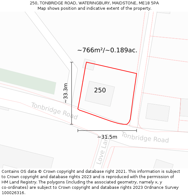 250, TONBRIDGE ROAD, WATERINGBURY, MAIDSTONE, ME18 5PA: Plot and title map