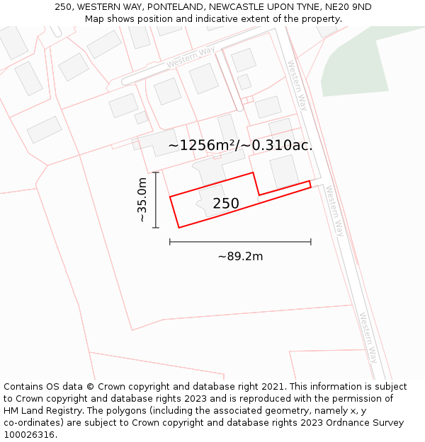 250, WESTERN WAY, PONTELAND, NEWCASTLE UPON TYNE, NE20 9ND: Plot and title map