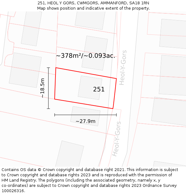 251, HEOL Y GORS, CWMGORS, AMMANFORD, SA18 1RN: Plot and title map