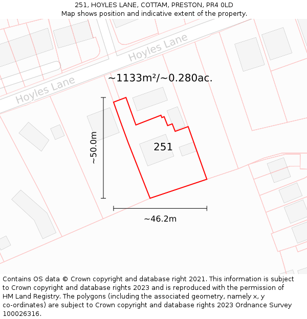 251, HOYLES LANE, COTTAM, PRESTON, PR4 0LD: Plot and title map