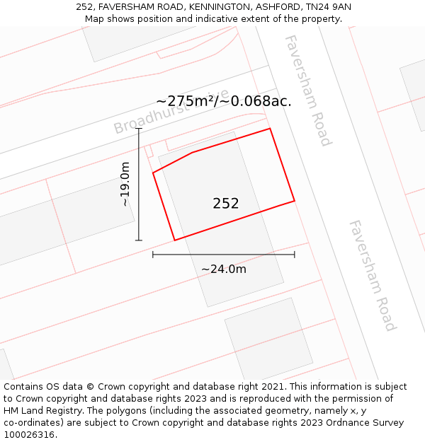 252, FAVERSHAM ROAD, KENNINGTON, ASHFORD, TN24 9AN: Plot and title map