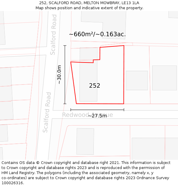 252, SCALFORD ROAD, MELTON MOWBRAY, LE13 1LA: Plot and title map