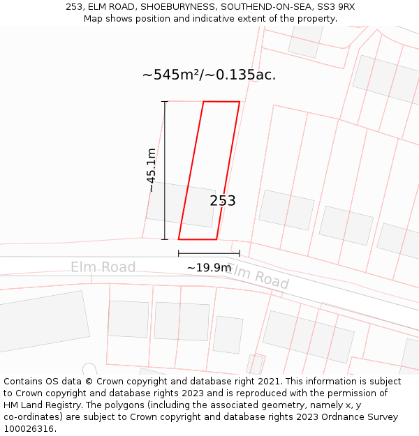 253, ELM ROAD, SHOEBURYNESS, SOUTHEND-ON-SEA, SS3 9RX: Plot and title map