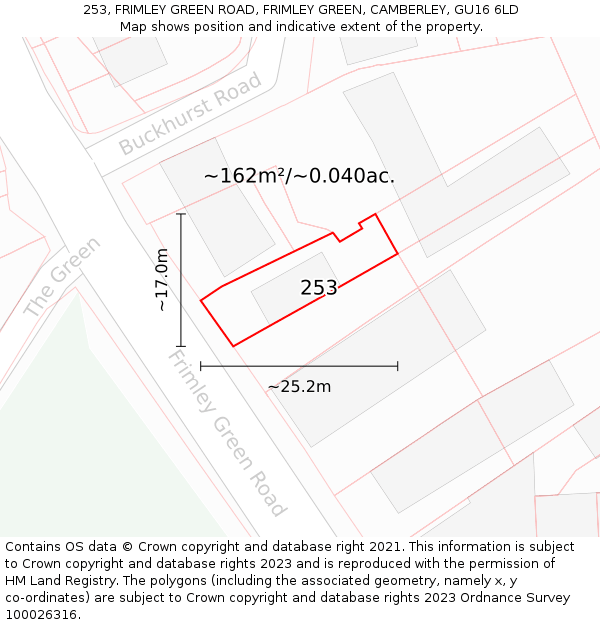 253, FRIMLEY GREEN ROAD, FRIMLEY GREEN, CAMBERLEY, GU16 6LD: Plot and title map
