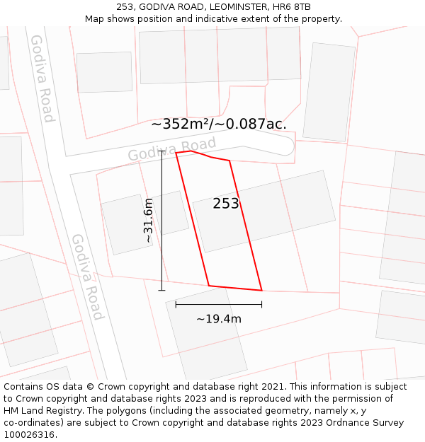 253, GODIVA ROAD, LEOMINSTER, HR6 8TB: Plot and title map