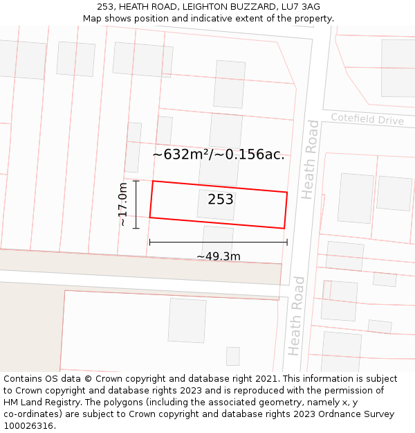253, HEATH ROAD, LEIGHTON BUZZARD, LU7 3AG: Plot and title map
