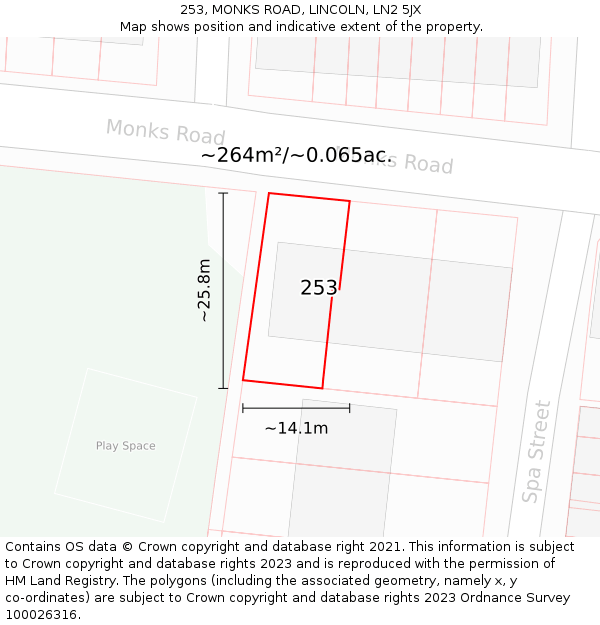 253, MONKS ROAD, LINCOLN, LN2 5JX: Plot and title map