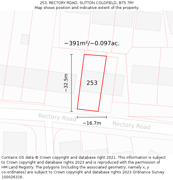 253, RECTORY ROAD, SUTTON COLDFIELD, B75 7RY: Plot and title map