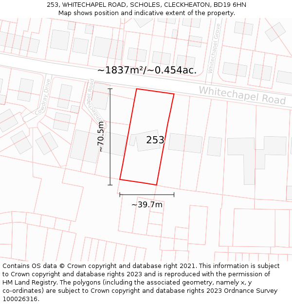 253, WHITECHAPEL ROAD, SCHOLES, CLECKHEATON, BD19 6HN: Plot and title map