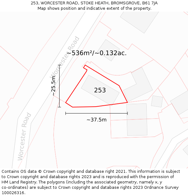 253, WORCESTER ROAD, STOKE HEATH, BROMSGROVE, B61 7JA: Plot and title map