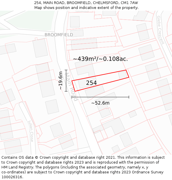 254, MAIN ROAD, BROOMFIELD, CHELMSFORD, CM1 7AW: Plot and title map