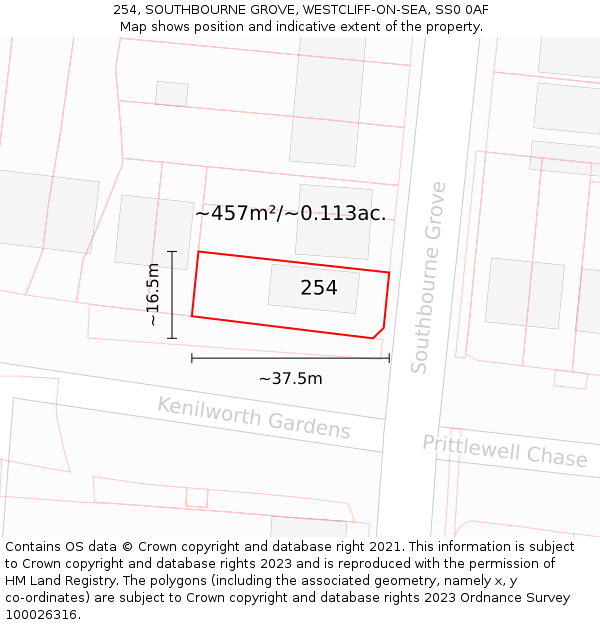 254, SOUTHBOURNE GROVE, WESTCLIFF-ON-SEA, SS0 0AF: Plot and title map