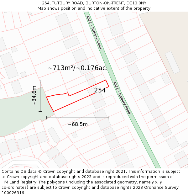 254, TUTBURY ROAD, BURTON-ON-TRENT, DE13 0NY: Plot and title map