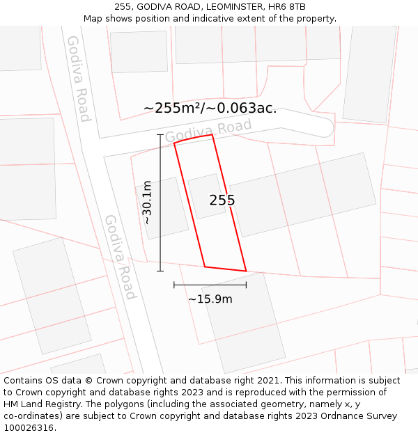 255, GODIVA ROAD, LEOMINSTER, HR6 8TB: Plot and title map