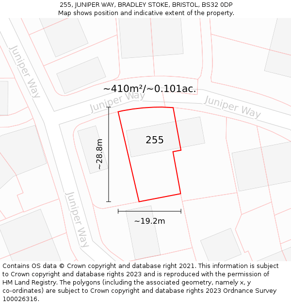 255, JUNIPER WAY, BRADLEY STOKE, BRISTOL, BS32 0DP: Plot and title map
