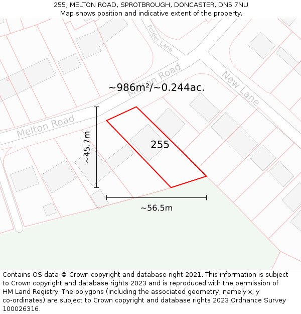 255, MELTON ROAD, SPROTBROUGH, DONCASTER, DN5 7NU: Plot and title map