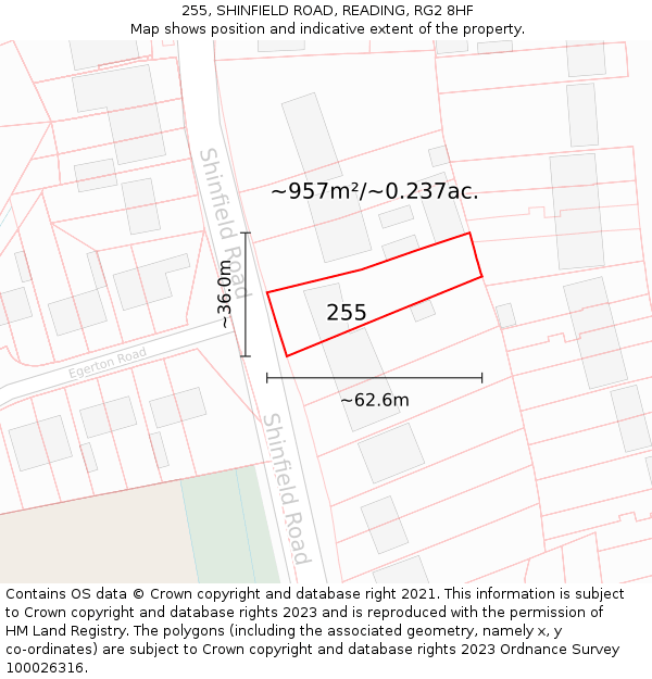 255, SHINFIELD ROAD, READING, RG2 8HF: Plot and title map