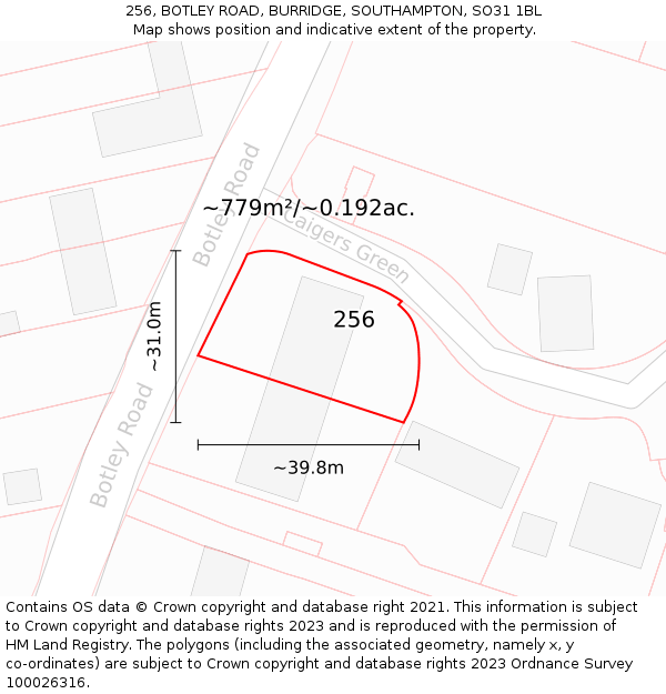 256, BOTLEY ROAD, BURRIDGE, SOUTHAMPTON, SO31 1BL: Plot and title map