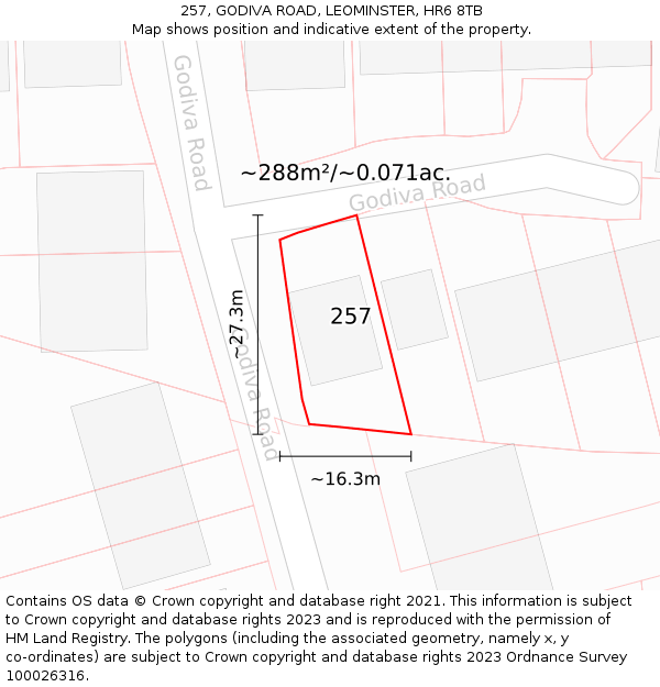 257, GODIVA ROAD, LEOMINSTER, HR6 8TB: Plot and title map