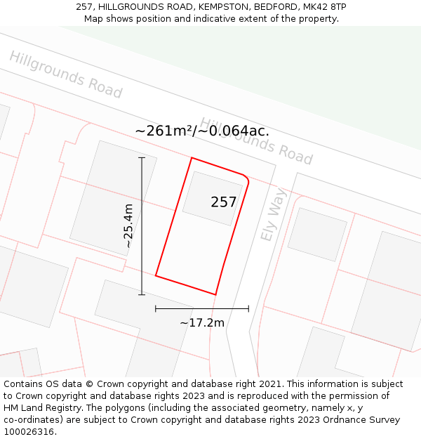 257, HILLGROUNDS ROAD, KEMPSTON, BEDFORD, MK42 8TP: Plot and title map