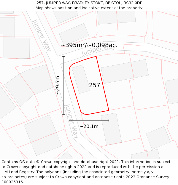 257, JUNIPER WAY, BRADLEY STOKE, BRISTOL, BS32 0DP: Plot and title map