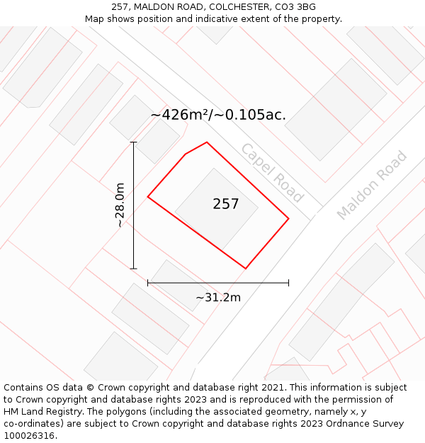 257, MALDON ROAD, COLCHESTER, CO3 3BG: Plot and title map