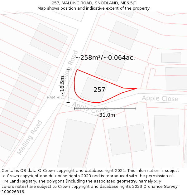 257, MALLING ROAD, SNODLAND, ME6 5JF: Plot and title map