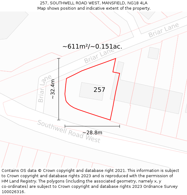 257, SOUTHWELL ROAD WEST, MANSFIELD, NG18 4LA: Plot and title map