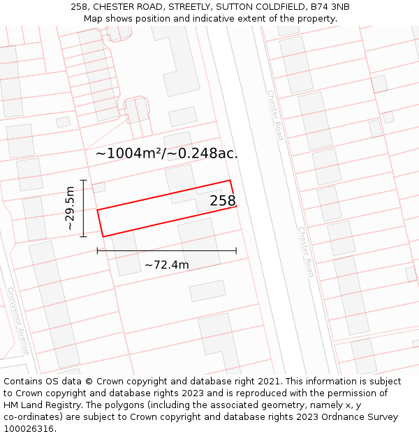 258, CHESTER ROAD, STREETLY, SUTTON COLDFIELD, B74 3NB: Plot and title map