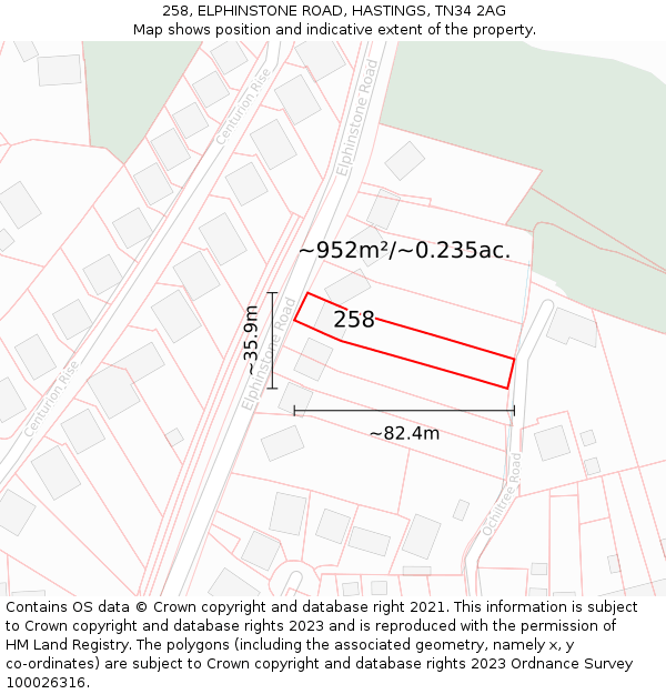 258, ELPHINSTONE ROAD, HASTINGS, TN34 2AG: Plot and title map