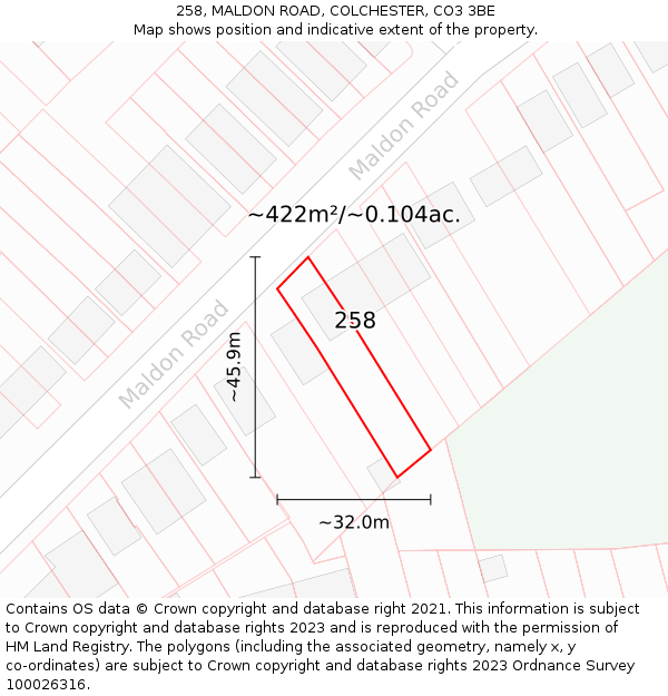 258, MALDON ROAD, COLCHESTER, CO3 3BE: Plot and title map