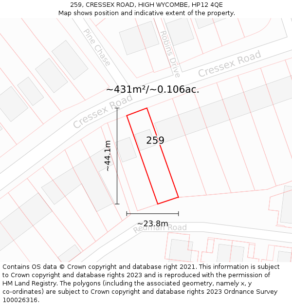 259, CRESSEX ROAD, HIGH WYCOMBE, HP12 4QE: Plot and title map
