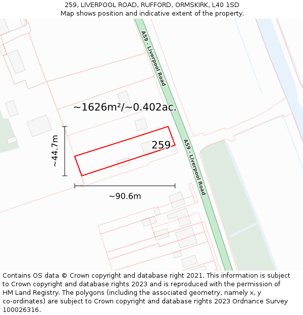 259, LIVERPOOL ROAD, RUFFORD, ORMSKIRK, L40 1SD: Plot and title map
