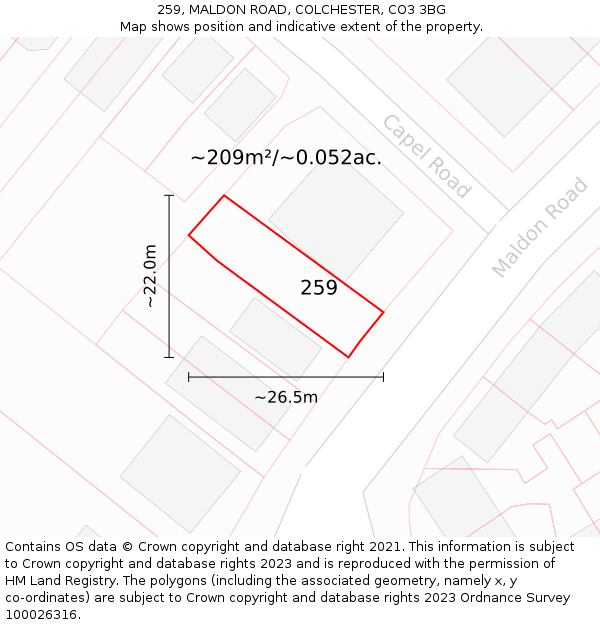 259, MALDON ROAD, COLCHESTER, CO3 3BG: Plot and title map