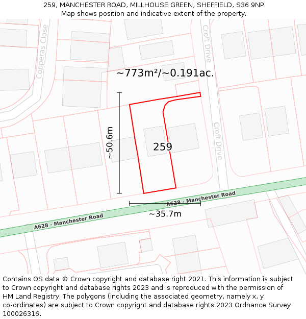 259, MANCHESTER ROAD, MILLHOUSE GREEN, SHEFFIELD, S36 9NP: Plot and title map