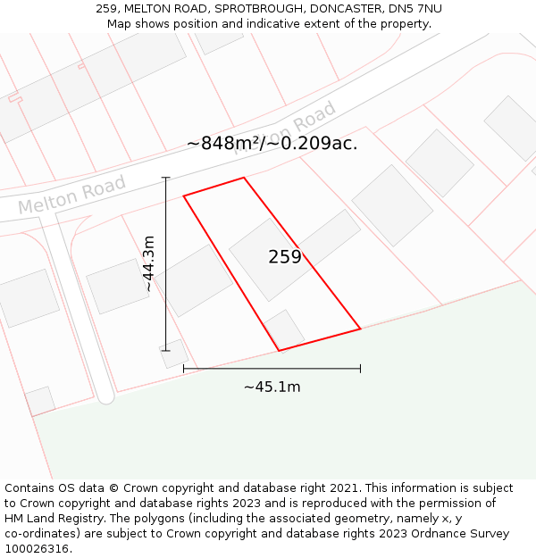 259, MELTON ROAD, SPROTBROUGH, DONCASTER, DN5 7NU: Plot and title map