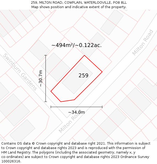259, MILTON ROAD, COWPLAIN, WATERLOOVILLE, PO8 8LL: Plot and title map