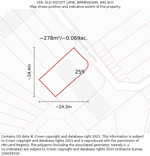 259, OLD OSCOTT LANE, BIRMINGHAM, B44 9UY: Plot and title map