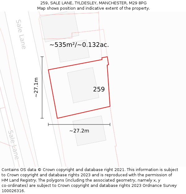 259, SALE LANE, TYLDESLEY, MANCHESTER, M29 8PG: Plot and title map