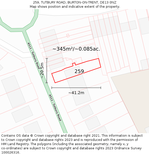 259, TUTBURY ROAD, BURTON-ON-TRENT, DE13 0NZ: Plot and title map