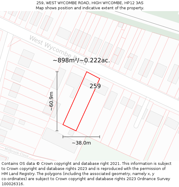 259, WEST WYCOMBE ROAD, HIGH WYCOMBE, HP12 3AS: Plot and title map