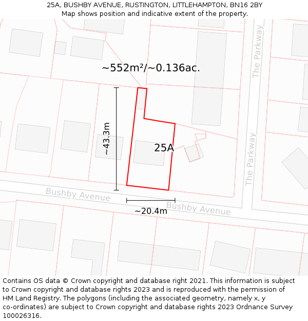 25A, BUSHBY AVENUE, RUSTINGTON, LITTLEHAMPTON, BN16 2BY: Plot and title map