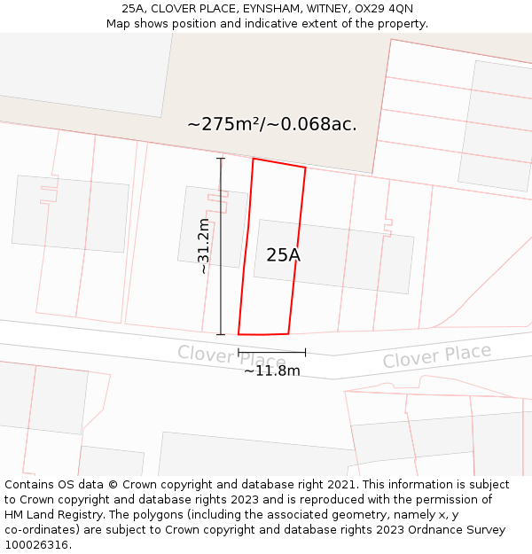 25A, CLOVER PLACE, EYNSHAM, WITNEY, OX29 4QN: Plot and title map