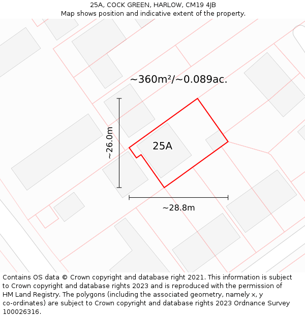 25A, COCK GREEN, HARLOW, CM19 4JB: Plot and title map