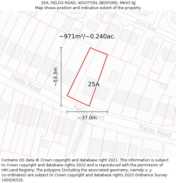 25A, FIELDS ROAD, WOOTTON, BEDFORD, MK43 9JJ: Plot and title map