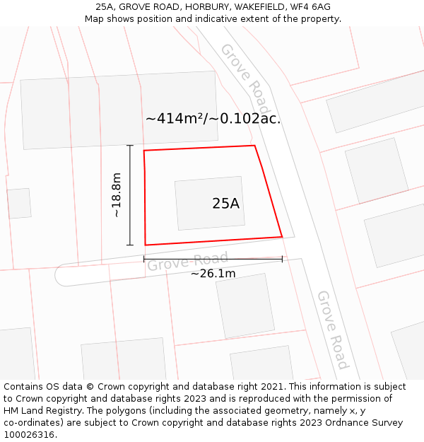 25A, GROVE ROAD, HORBURY, WAKEFIELD, WF4 6AG: Plot and title map