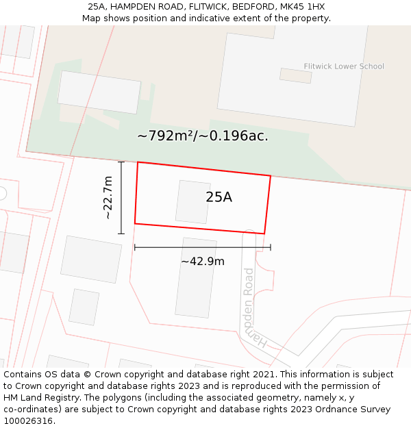 25A, HAMPDEN ROAD, FLITWICK, BEDFORD, MK45 1HX: Plot and title map